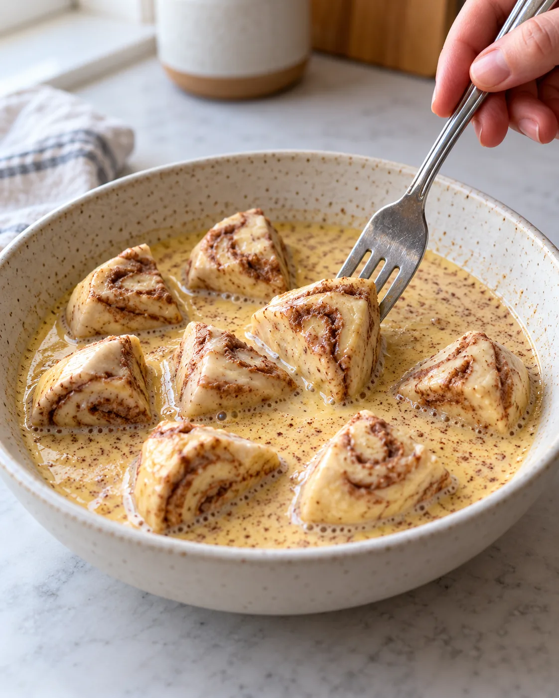 Cinnamon roll pieces dipped in egg, milk, vanilla, and cinnamon custard