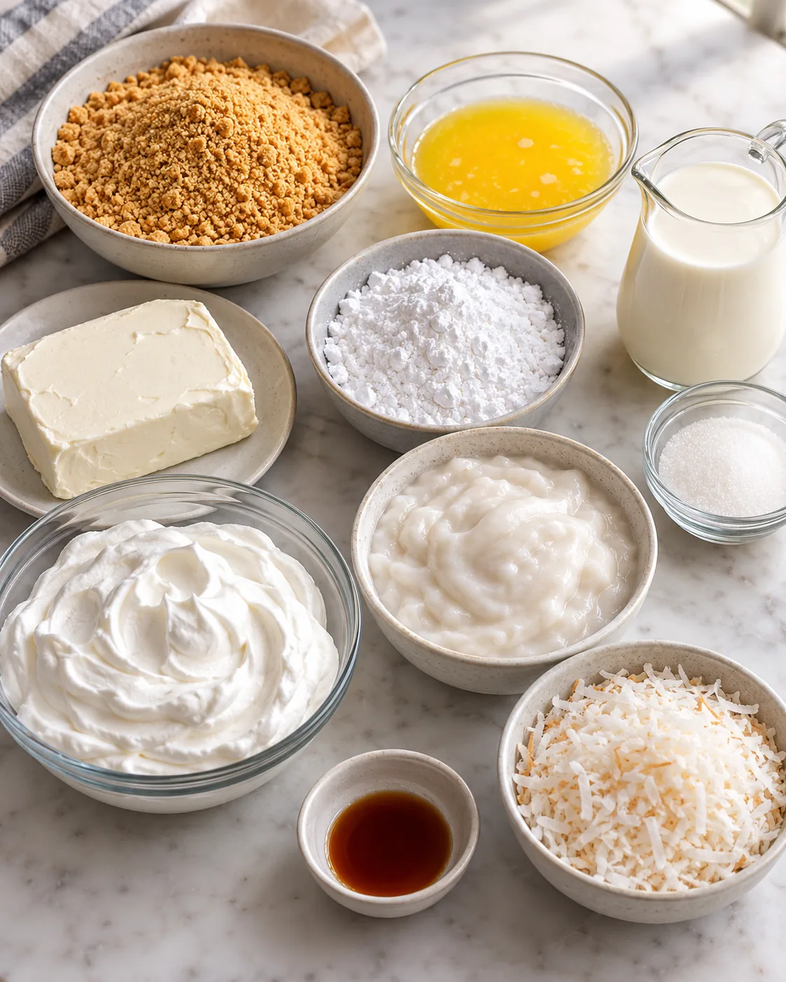 Graham crumbs, butter, cream cheese, powdered sugar, whipped topping, coconut cream, shredded coconut, vanilla, heavy cream, and sugar