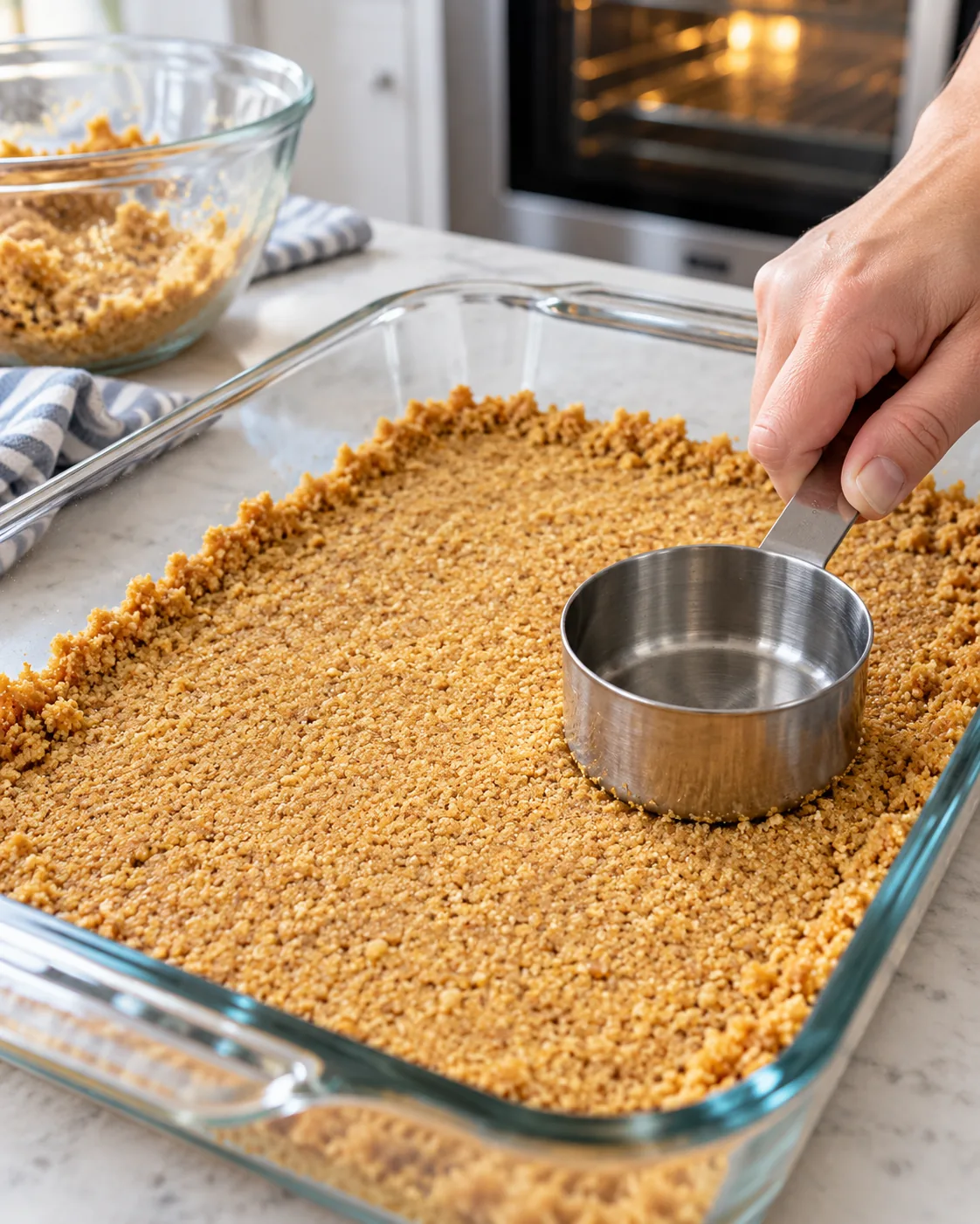Buttered graham cracker crumbs pressed into a baking dish