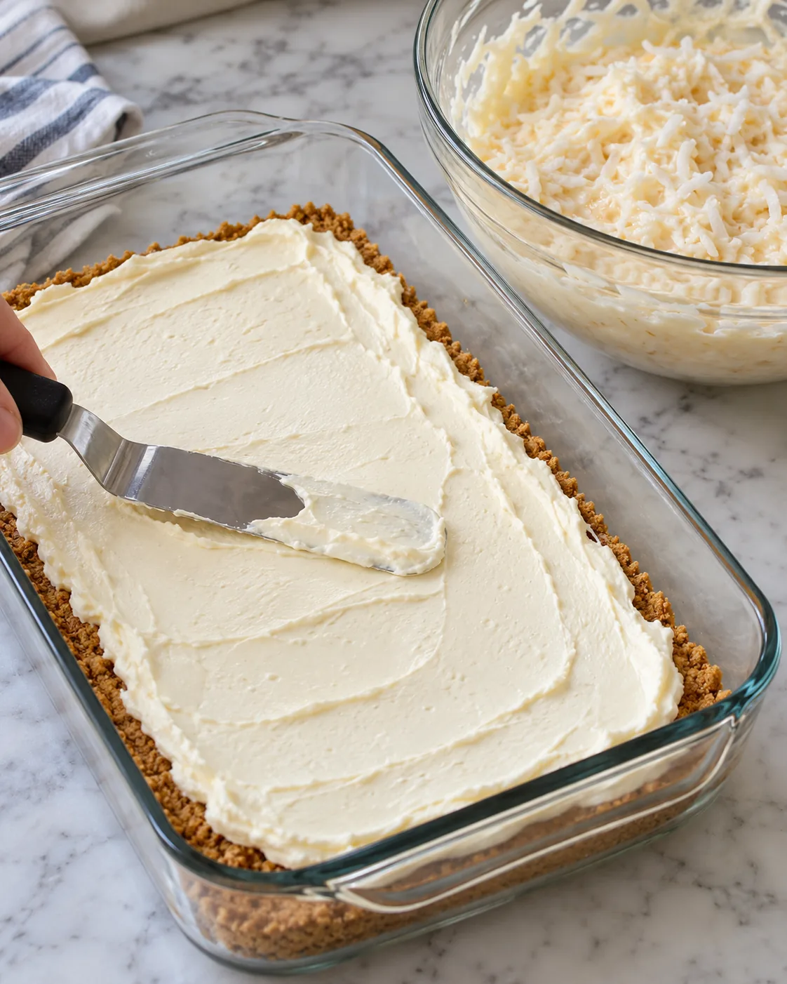 Cream cheese layer spread over cooled graham crust beside coconut filling