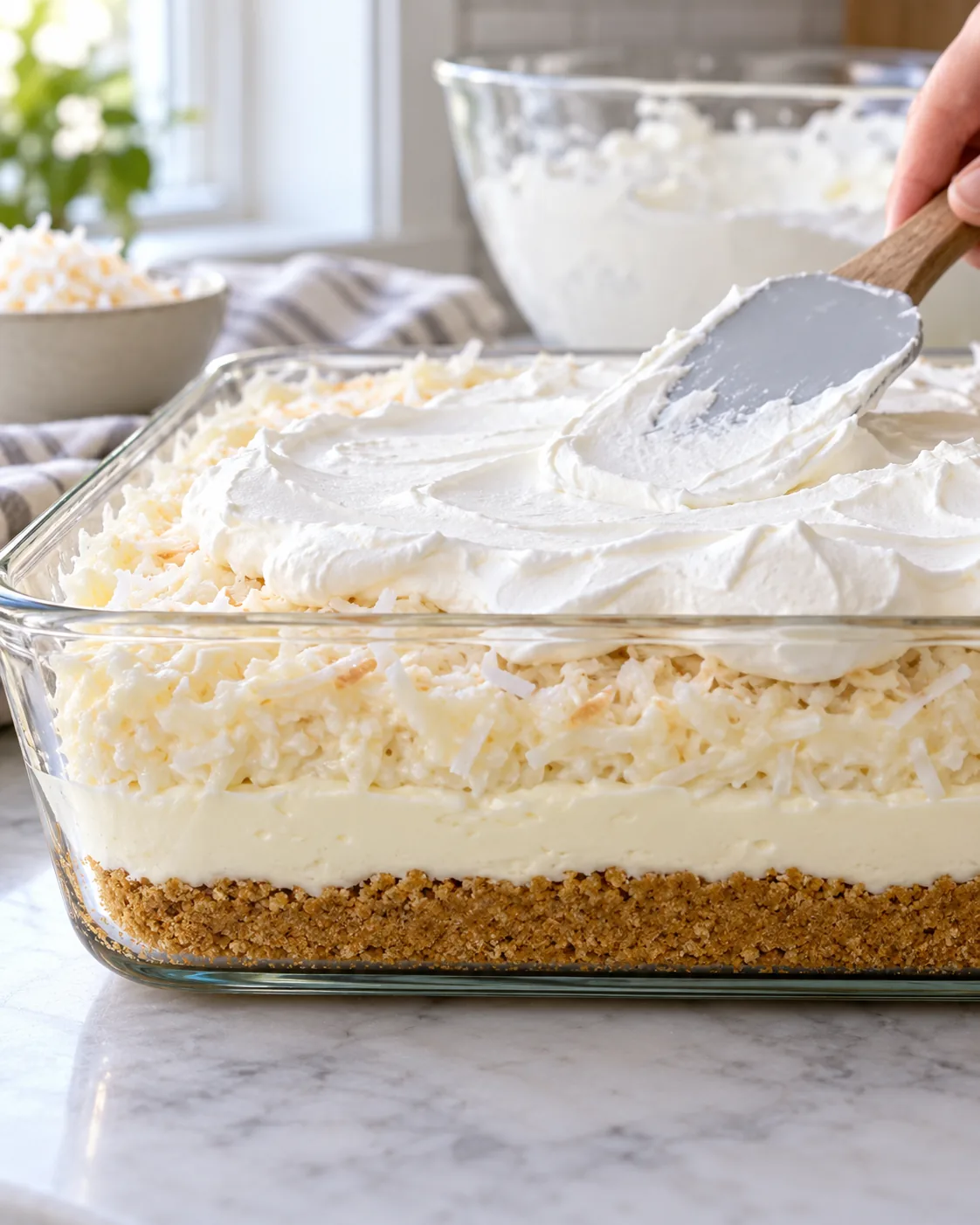 Whipped cream spread over layered coconut cream lush