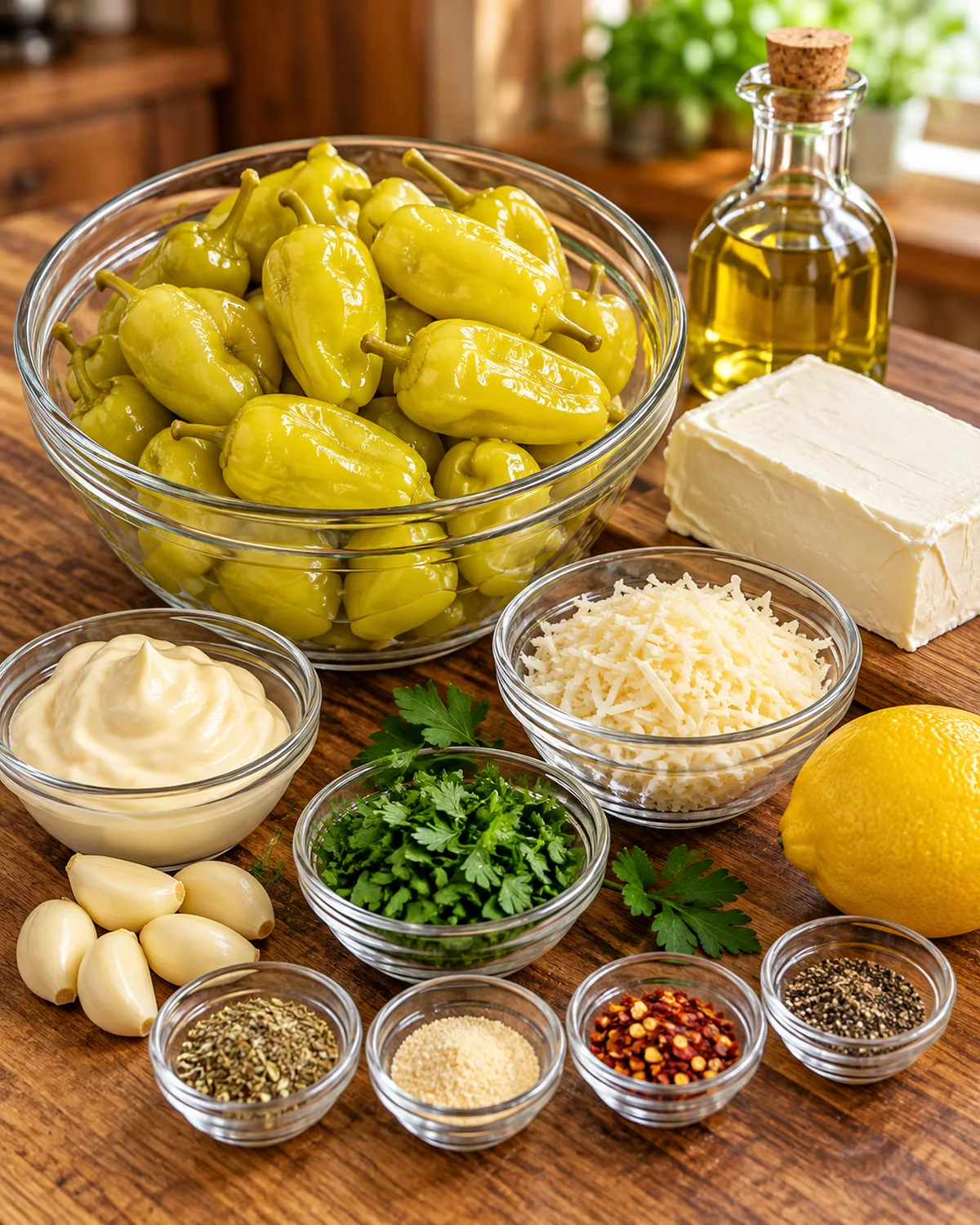 Pepperoncini, cream cheese, Parmesan, garlic, mayonnaise, parsley, lemon, olive oil, and seasonings