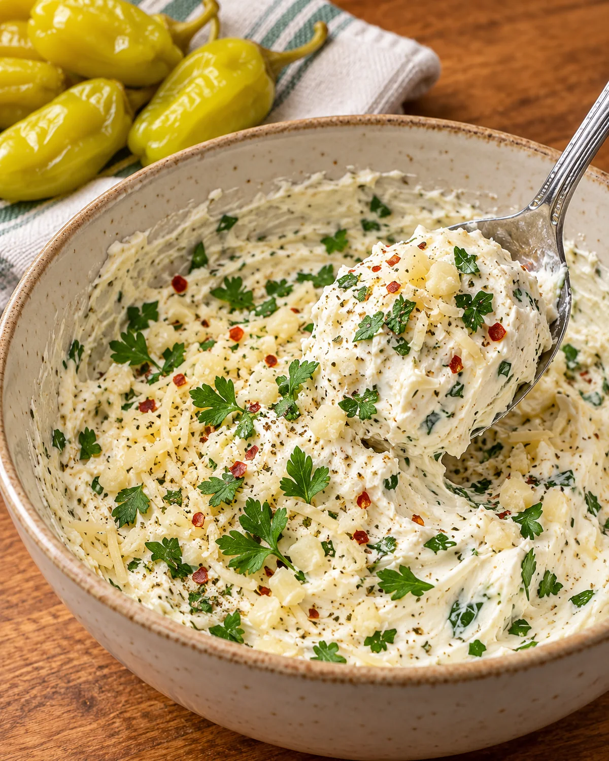 Garlic Parmesan cream cheese filling mixed with parsley and Italian herbs in a bowl