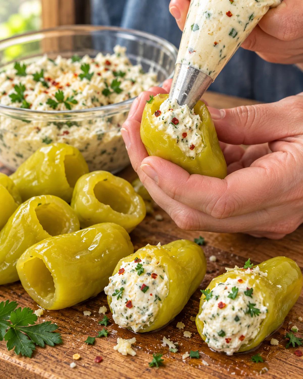 Piping herb cream cheese filling into a drained whole pepperoncini pepper