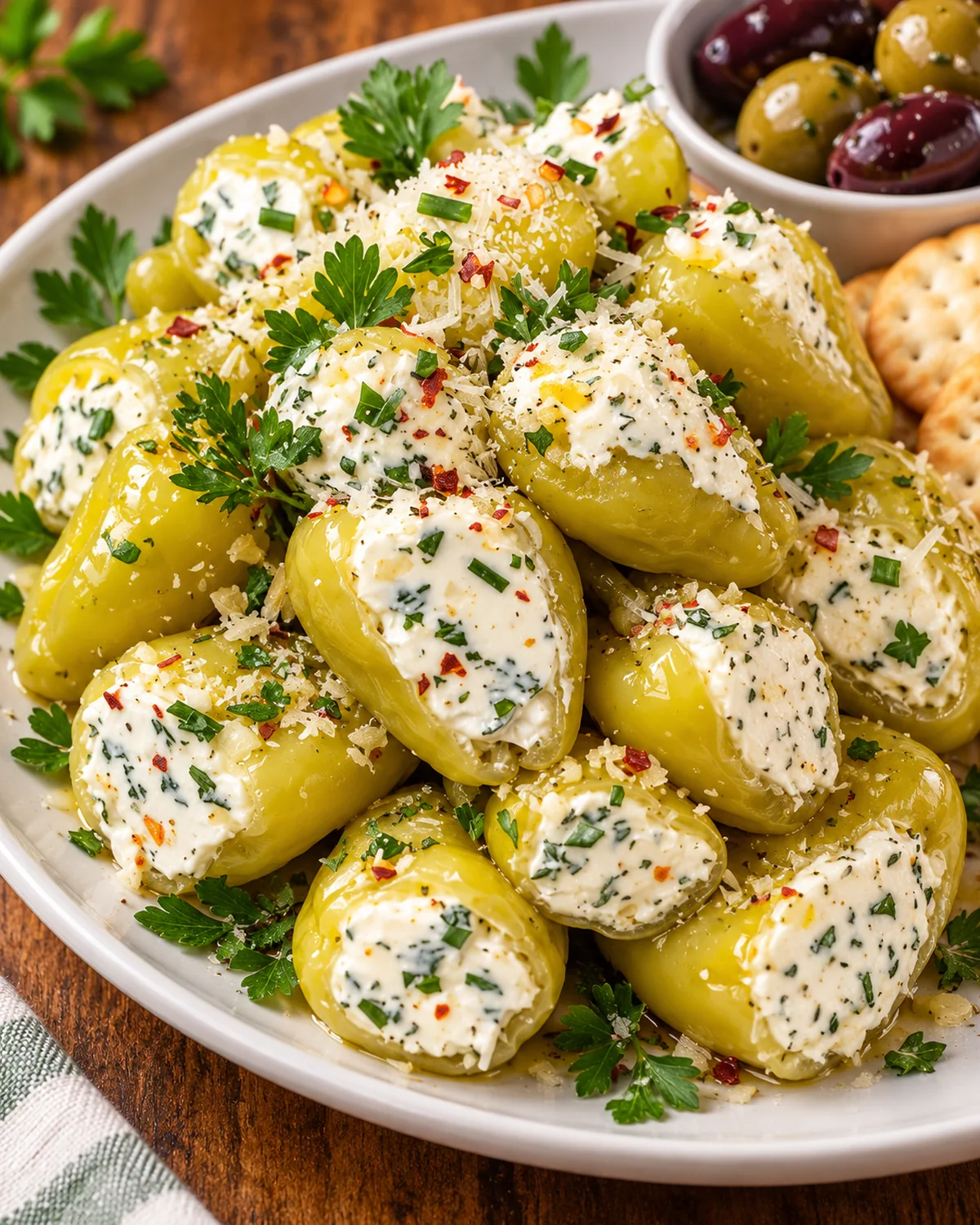 Finished cream cheese garlic stuffed pepperoncini arranged on an appetizer platter