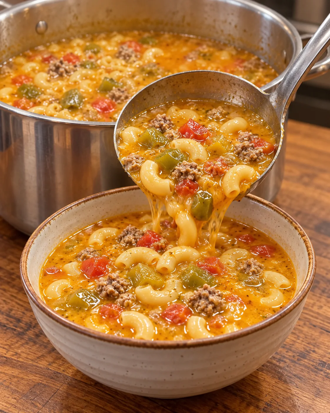 Creamy Chile Verde Sopita being ladled into a ceramic bowl
