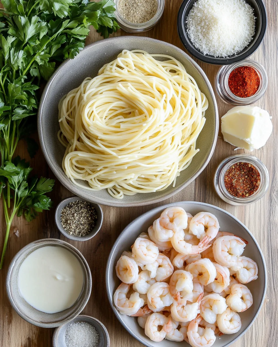 Linguine, shrimp, garlic, butter, olive oil, cream, Parmesan, parsley, Old Bay, salt, and pepper