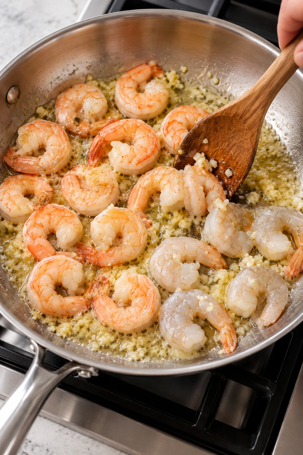 Garlic cream and Parmesan sauce simmering in the shrimp skillet