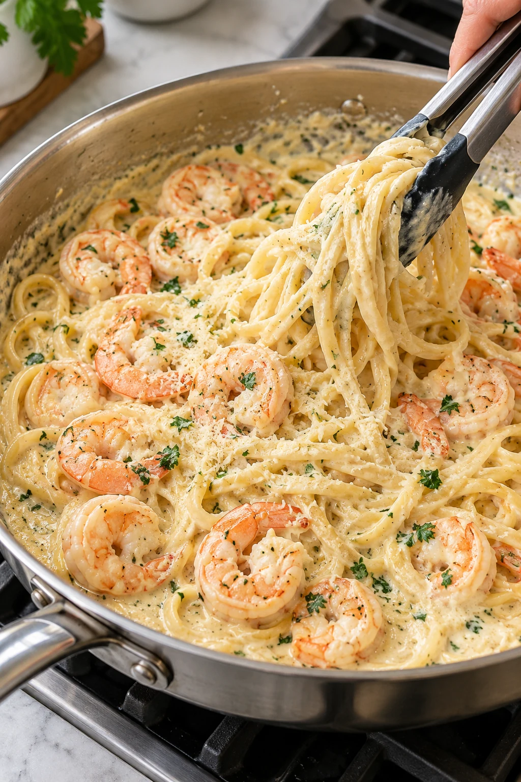 Linguine and cooked shrimp tossed in creamy garlic Parmesan sauce