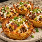 Crispy garlic Parmesan hash brown cups filled with bacon cheeseburger beef, cheese, pickles, ranch, and green onions