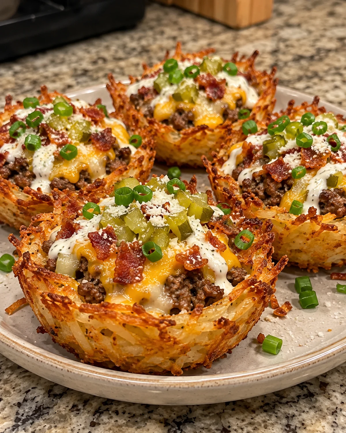 Crispy Garlic Parmesan Ranch Bacon Cheeseburger Pickle Hash Brown Cups