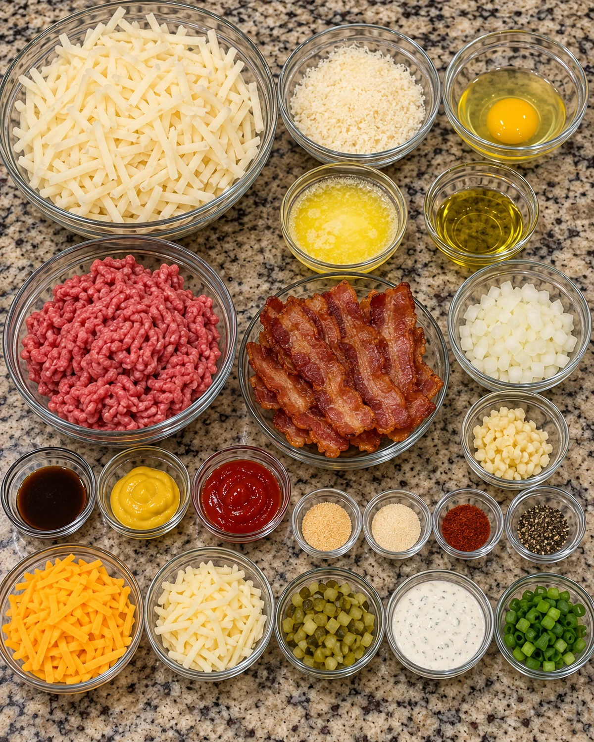 Ingredients for garlic Parmesan ranch bacon cheeseburger pickle hash brown cups