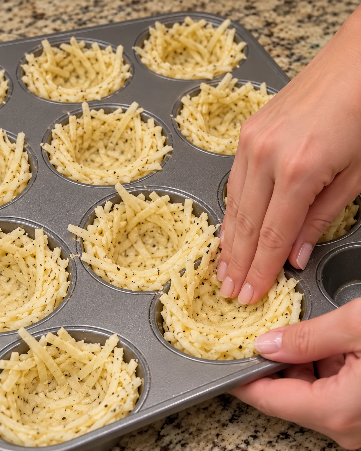 Seasoned shredded hash browns pressed into a muffin pan to form deep hollow potato nests