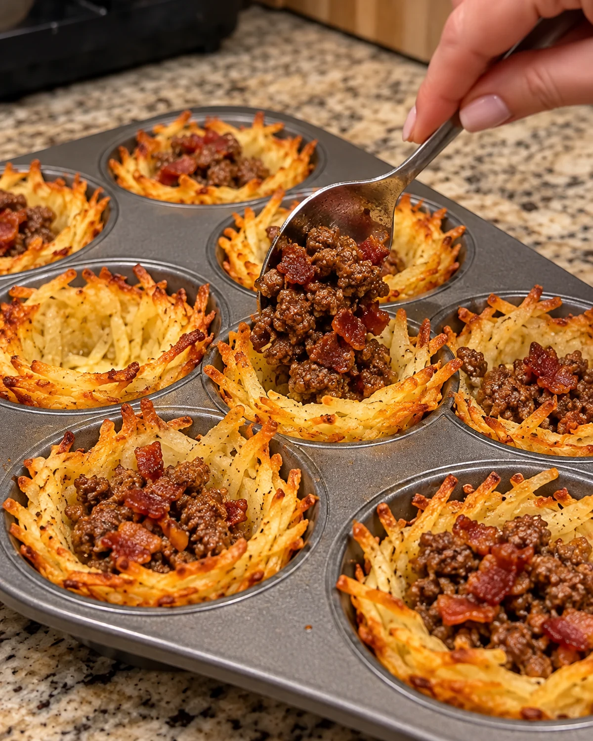 Bacon cheeseburger filling spooned into golden baked hash brown cups