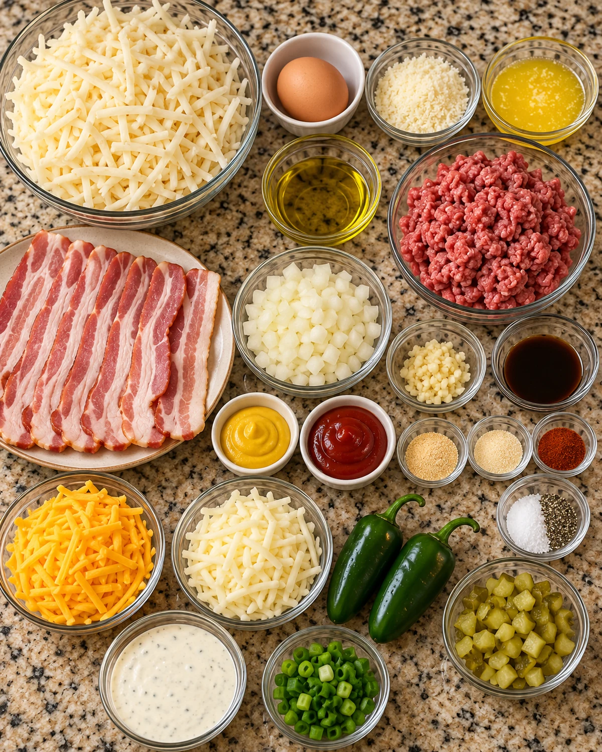 Ingredients for jalapeño ranch bacon cheeseburger potato cups