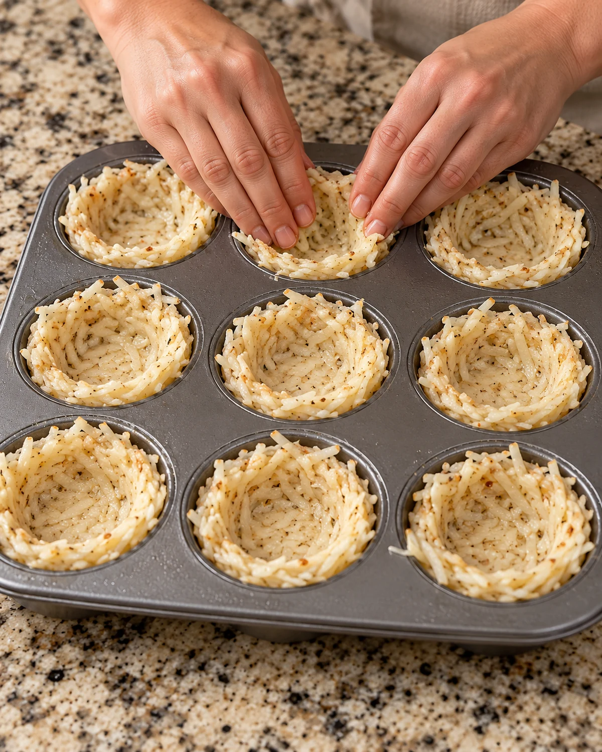 Seasoned shredded hash browns pressed into a 12-cup muffin pan