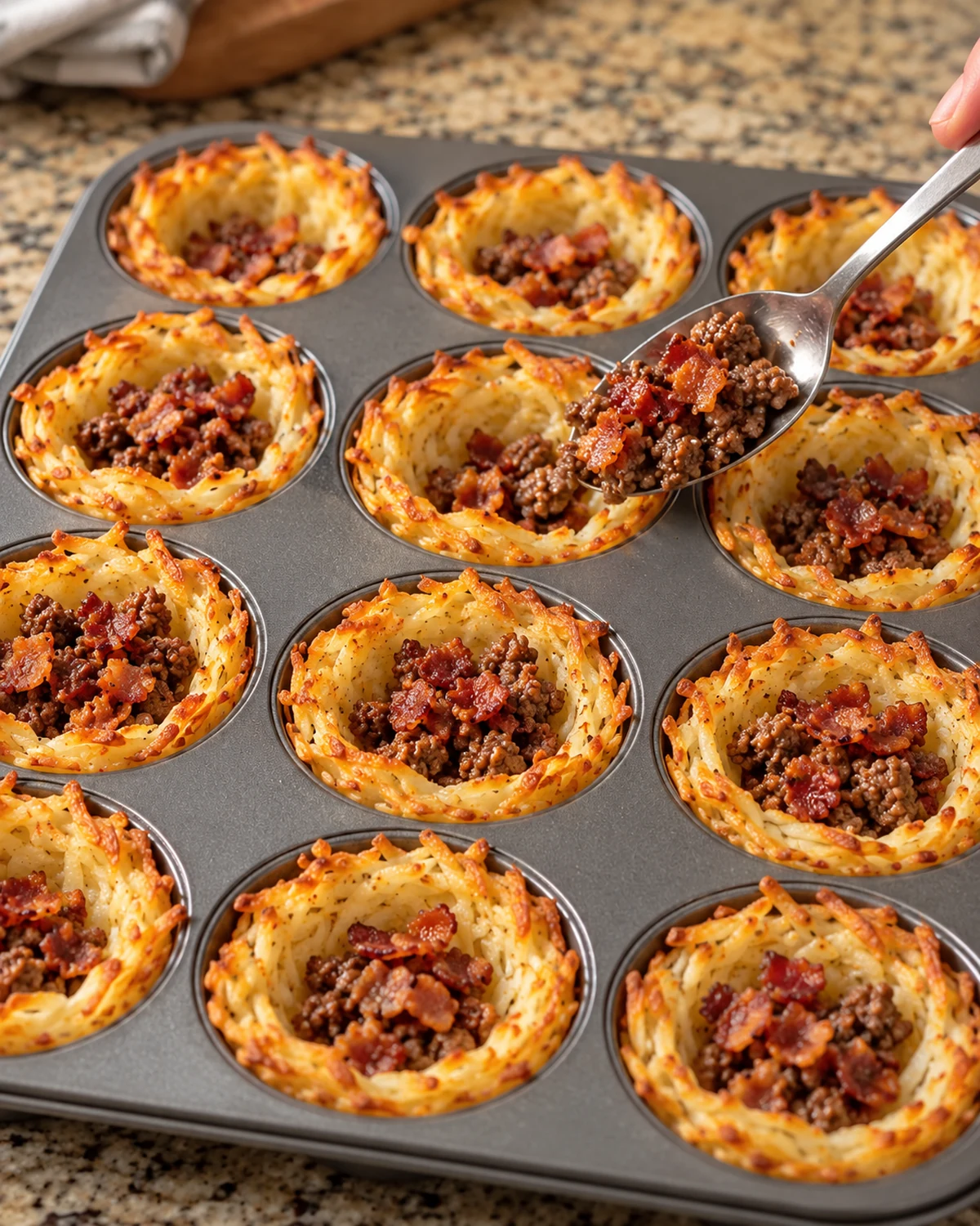 Bacon cheeseburger filling spooned into crispy hash brown cups
