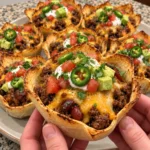 Crispy cheesy beef and bean chili tortilla cups with sour cream, tomatoes, avocado, cilantro, and jalapeños