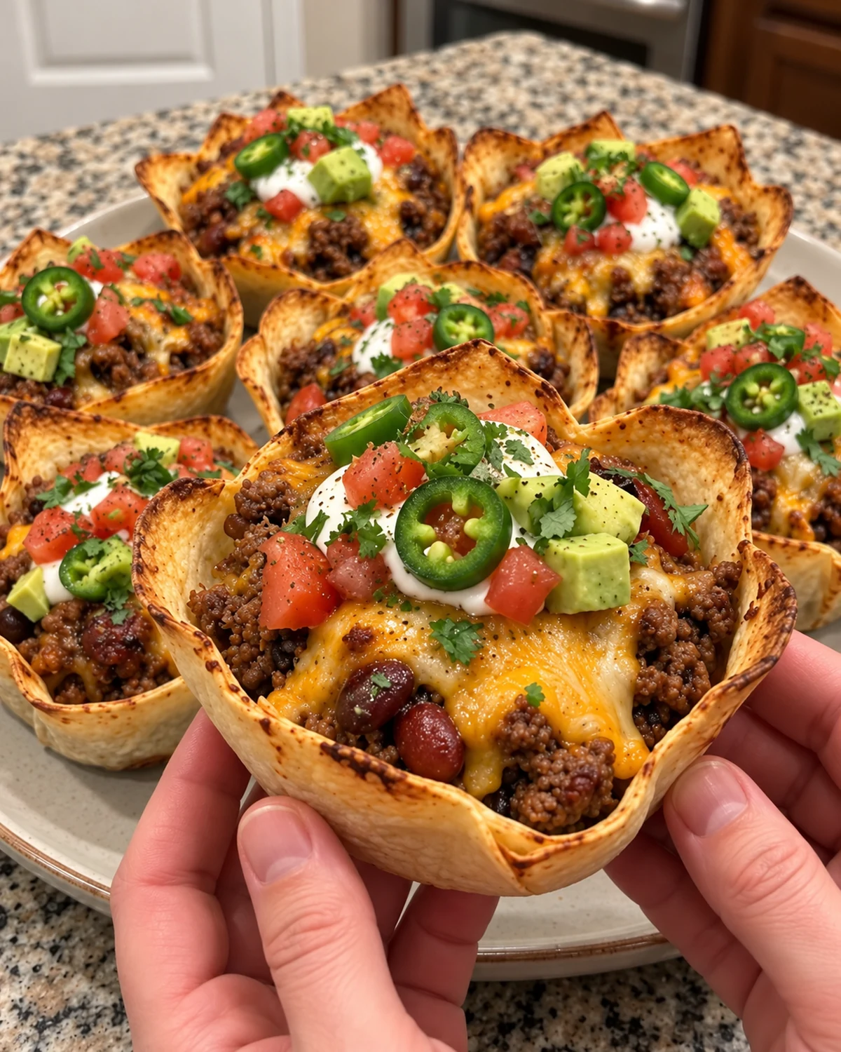 Crispy Loaded Cheesy Beef & Bean Chili Tortilla Crunch Cups