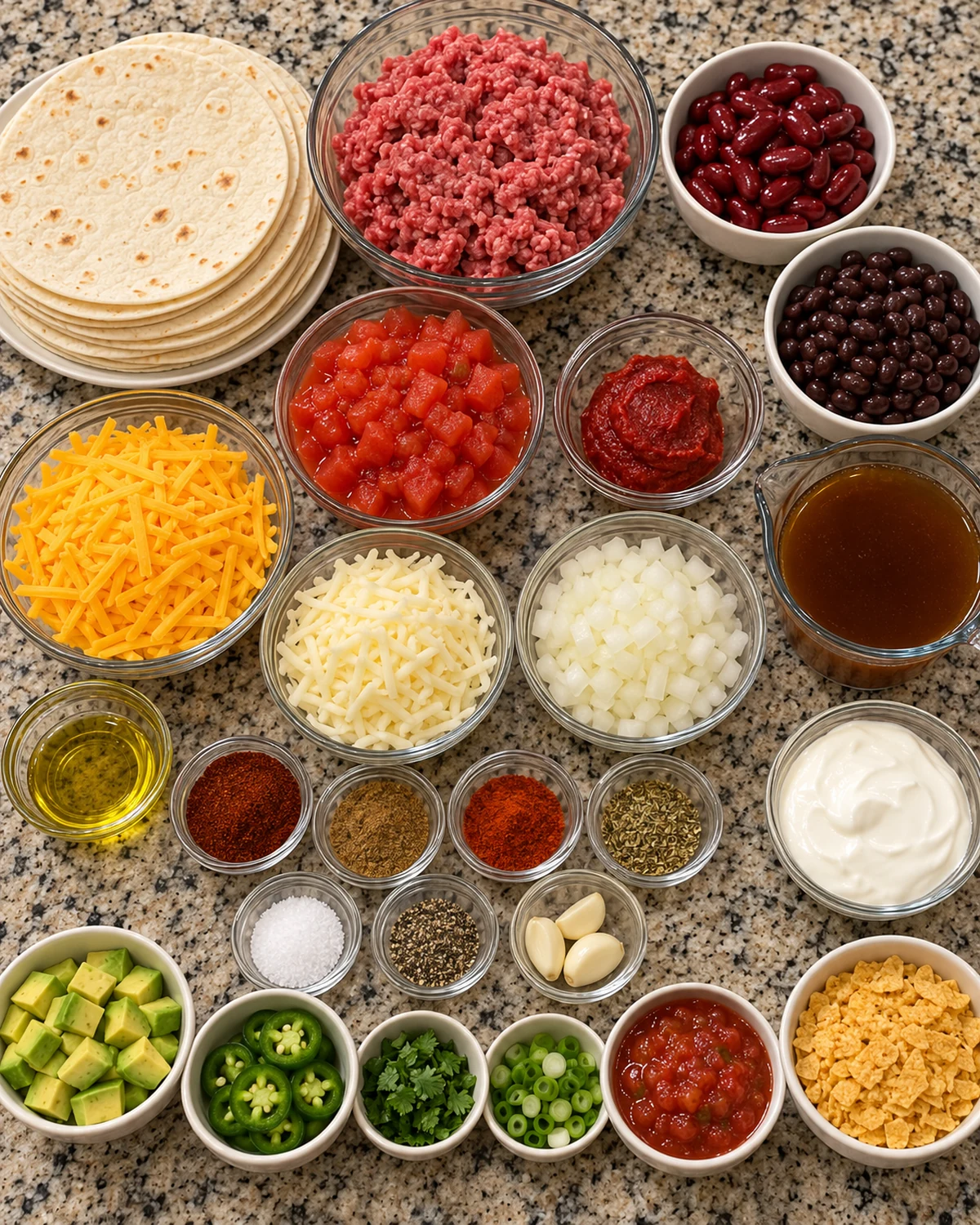 Ingredients for beef and bean chili tortilla crunch cups arranged on a granite countertop