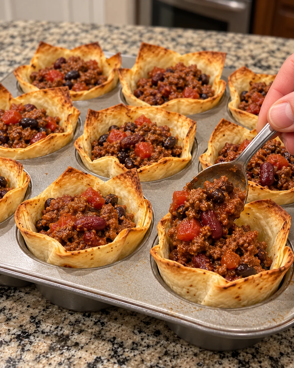 Thick ground beef, kidney bean, black bean, and tomato chili filling spooned into tortilla cups