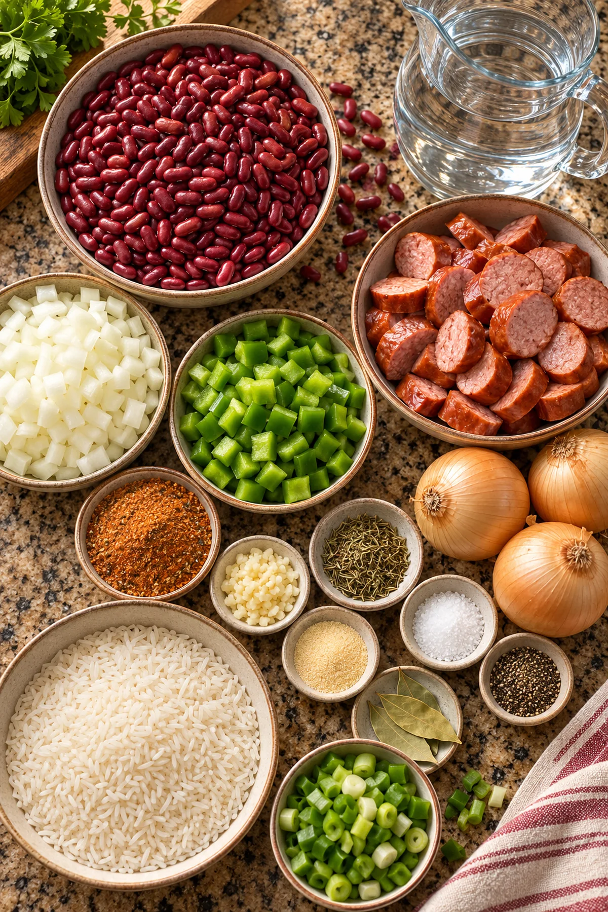 Red beans, smoked sausage, onions, bell peppers, Cajun spices, bay leaves, rice, water, and green onions