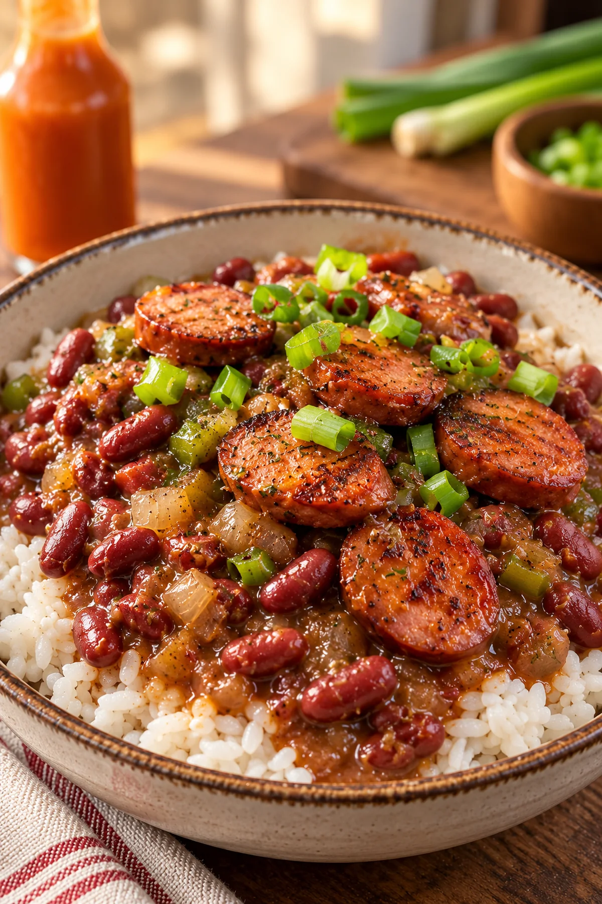 Crockpot red beans and sausage served over white rice with browned sausage and green onions