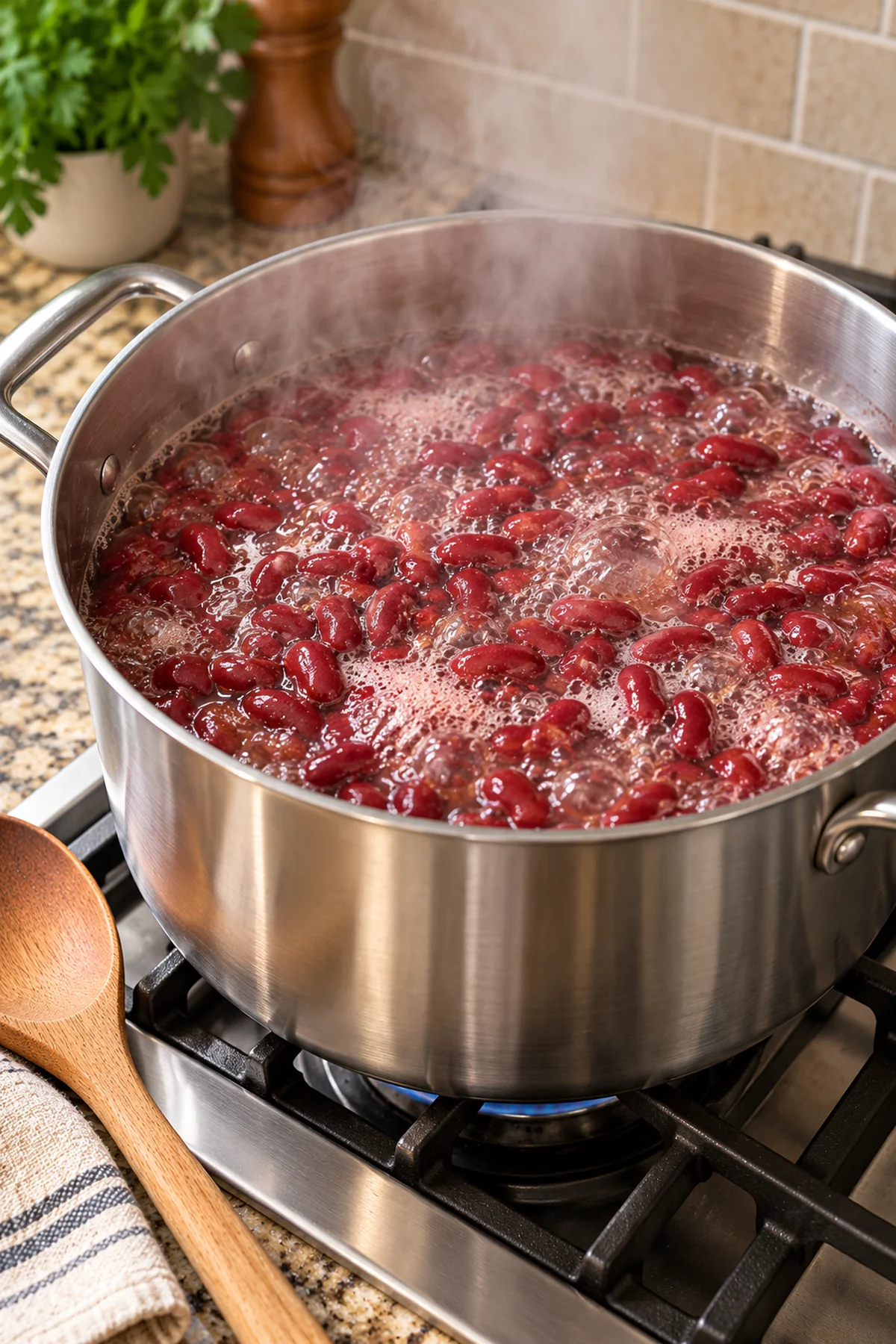 Soaked red kidney beans boiling vigorously on the stovetop before slow cooking