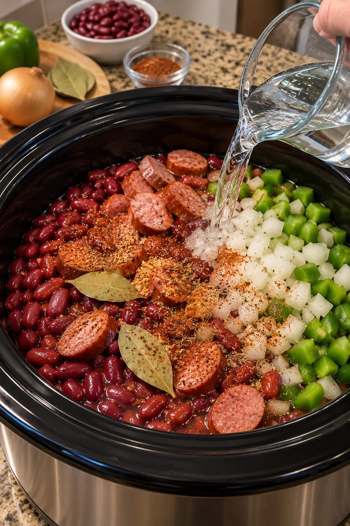 Red beans, smoked sausage, onions, bell peppers, spices, and water added to a slow cooker