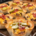 Crispy bacon cheeseburger taco cups with cheddar pickles and ranch