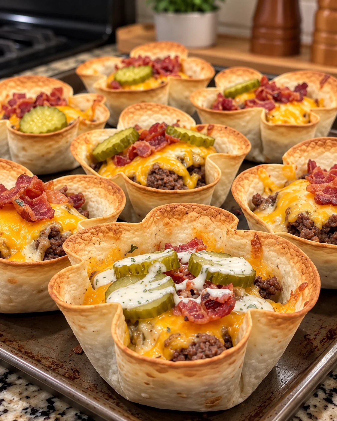 Crispy Loaded Double Bacon Cheeseburger Ranch Pickle Cheddar Taco Crunch Cups