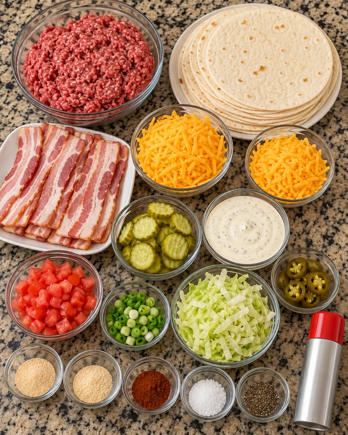 Ingredients for bacon cheeseburger taco cups arranged on granite
