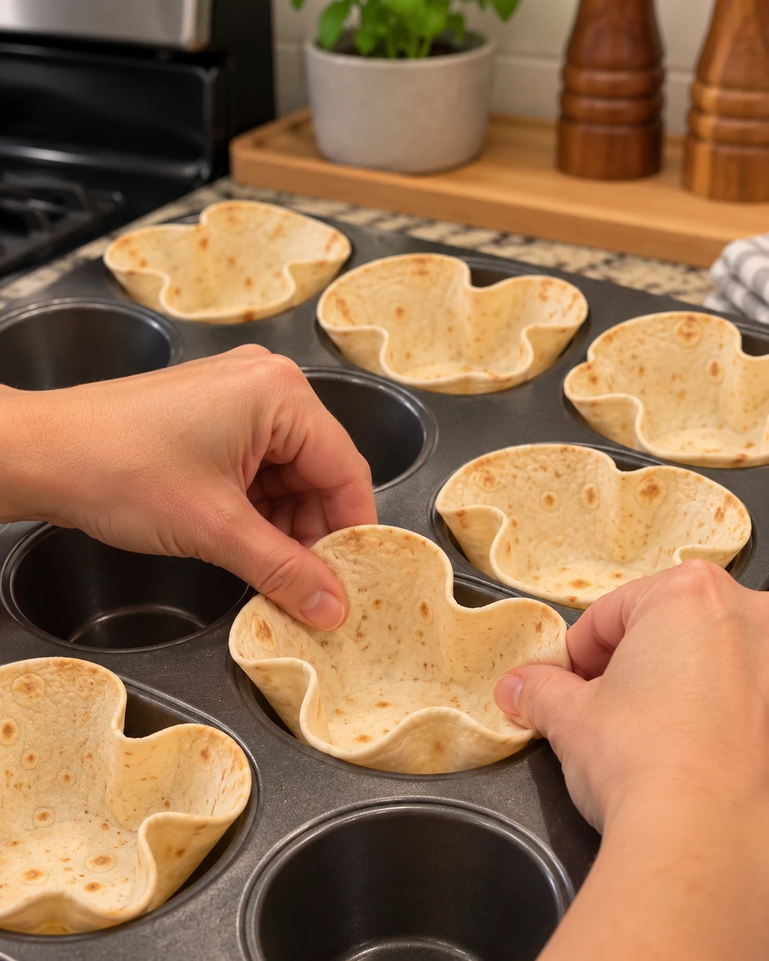 Soft flour tortillas being shaped in a muffin pan