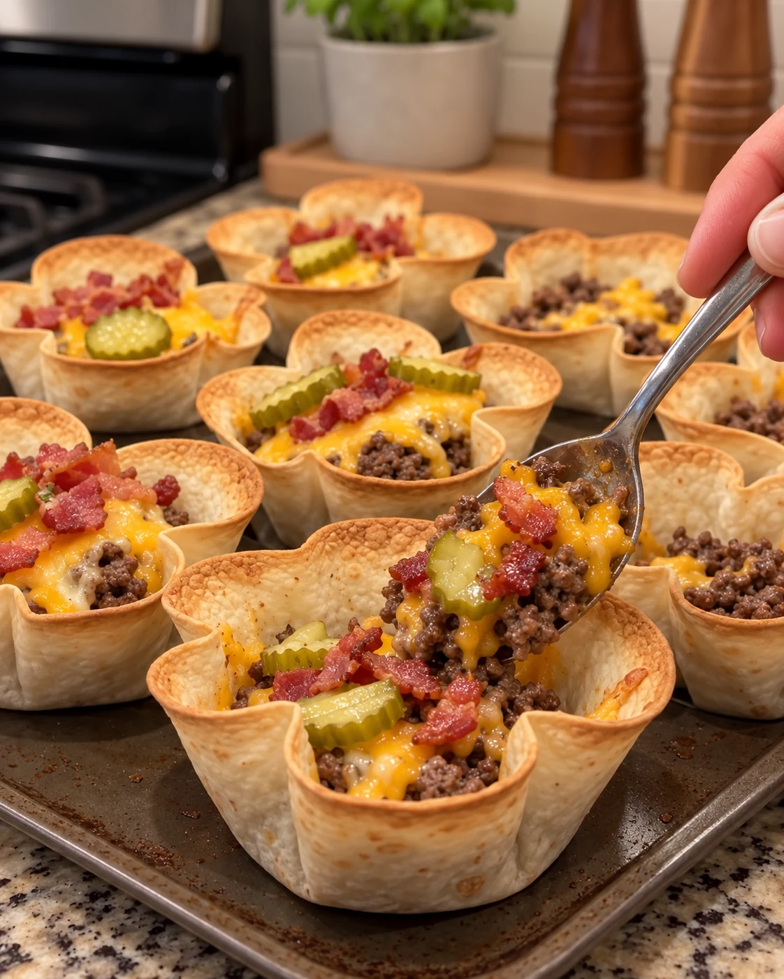 Bacon cheeseburger filling added to prebaked tortilla cups