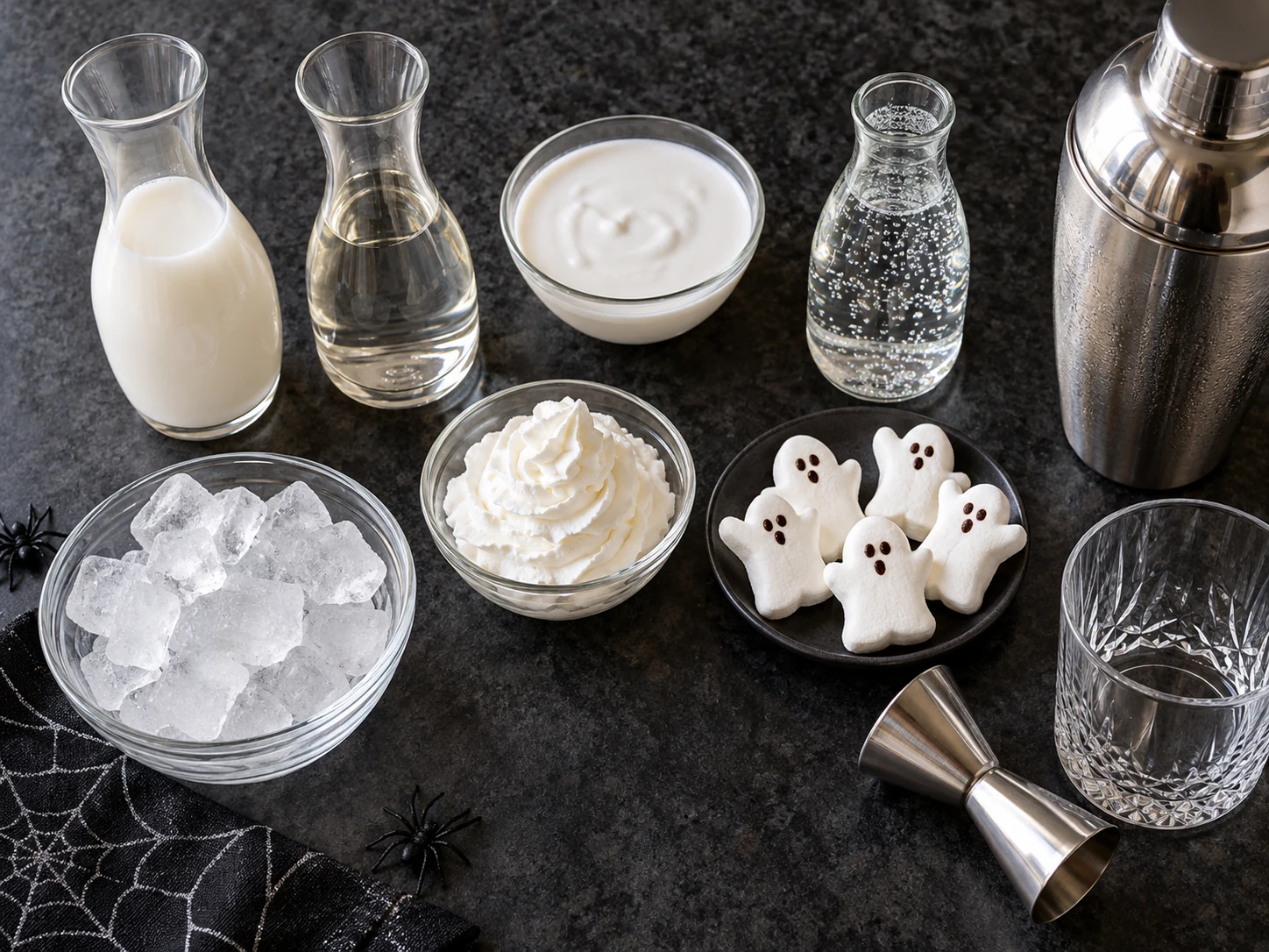 Coconut rum, vanilla vodka, coconut cream, lemon-lime soda, ice, whipped cream, and marshmallow ghost garnish