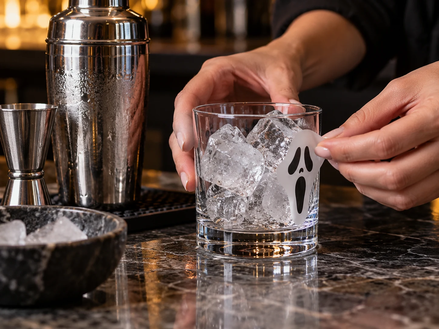Clear cocktail glass prepared with a removable ghost face decoration on the outside