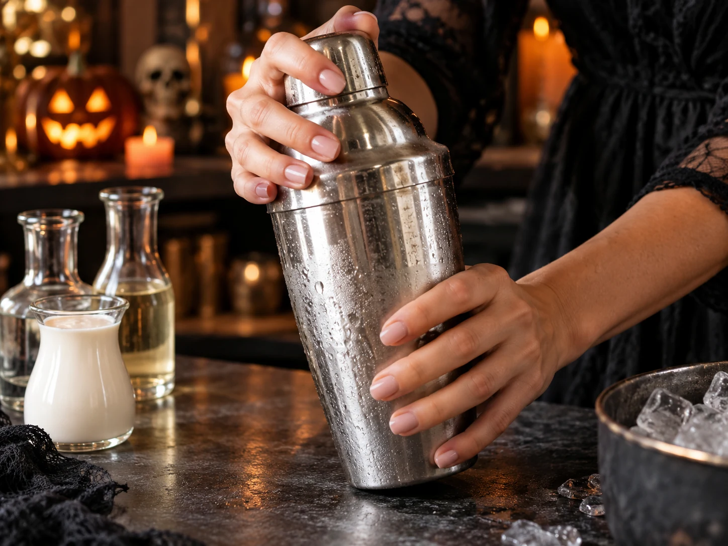 Coconut rum, vanilla vodka, and coconut cream shaken with ice in a cocktail shaker