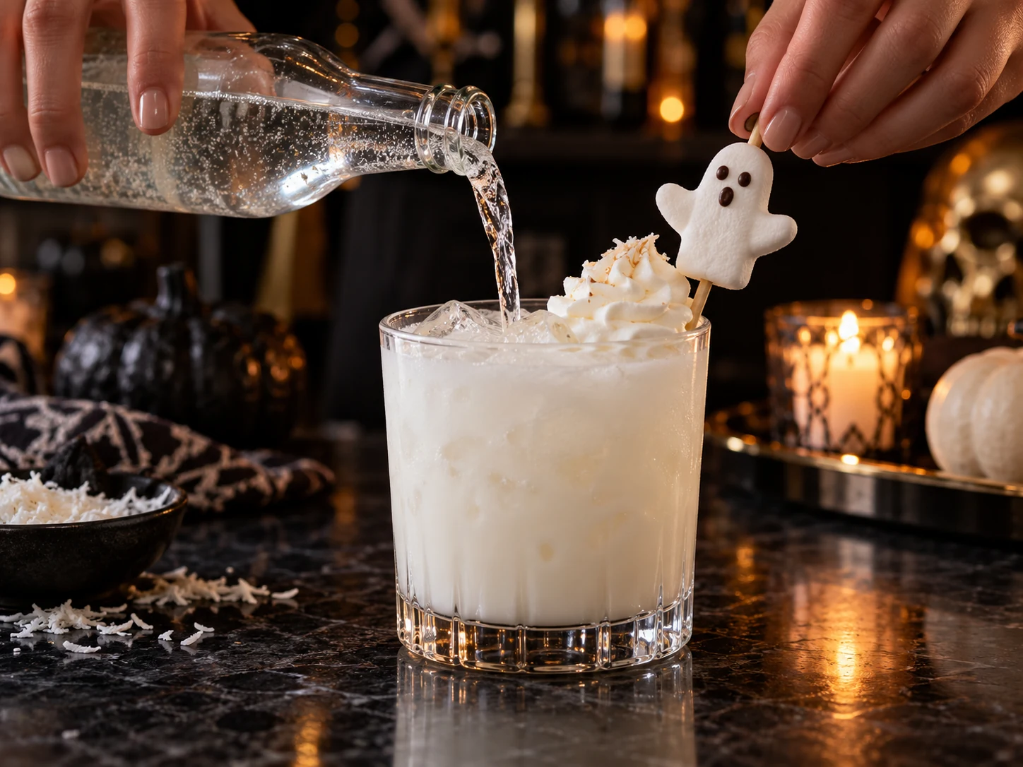 Lemon-lime soda poured into a creamy white Halloween cocktail before garnishing