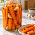 Hot honey pickled carrot sticks with garlic and peppercorns in a glass jar