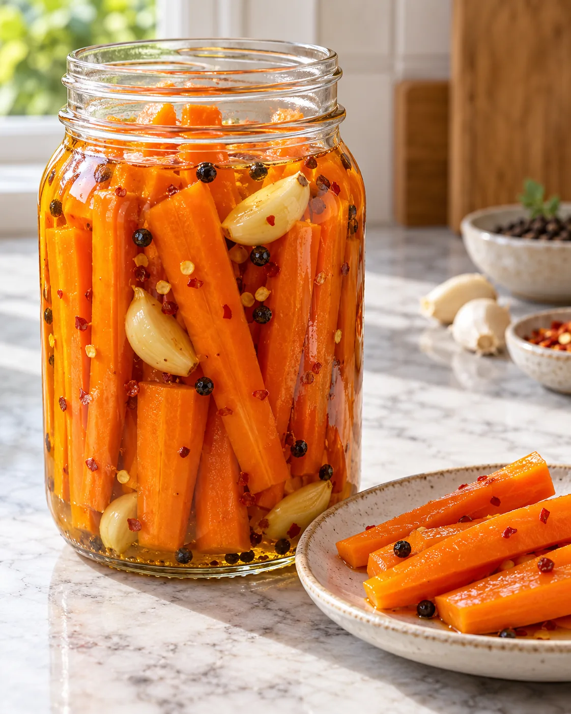 Hot honey pickled carrot sticks with garlic and peppercorns in a glass jar