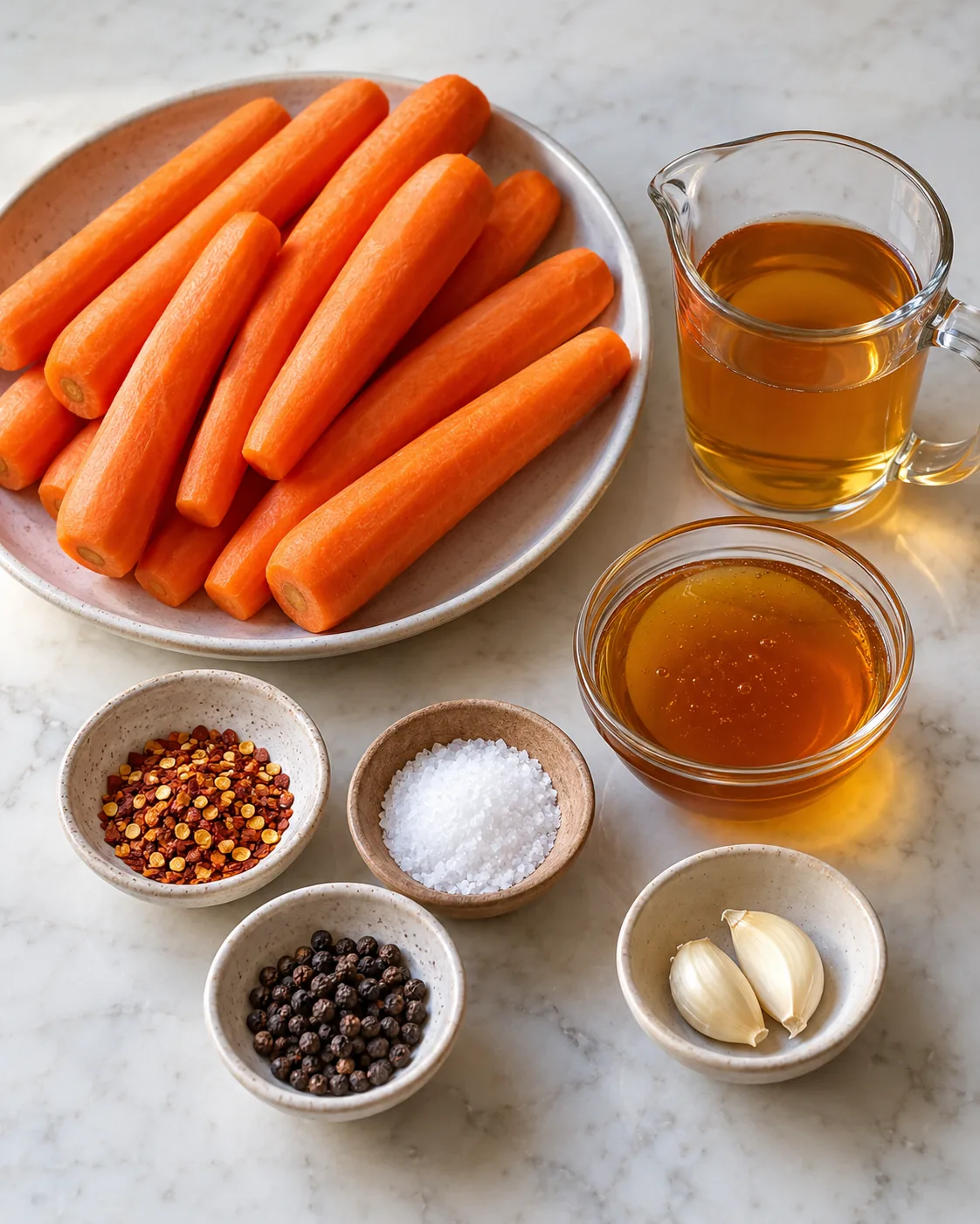 Carrots, apple cider vinegar, honey, red pepper flakes, kosher salt, black peppercorns, and garlic