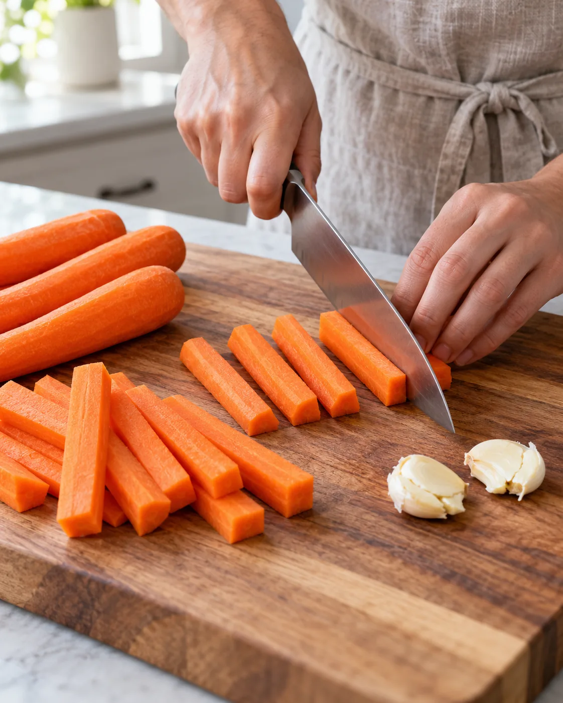 Peeled carrots cut into uniform sticks with smashed garlic