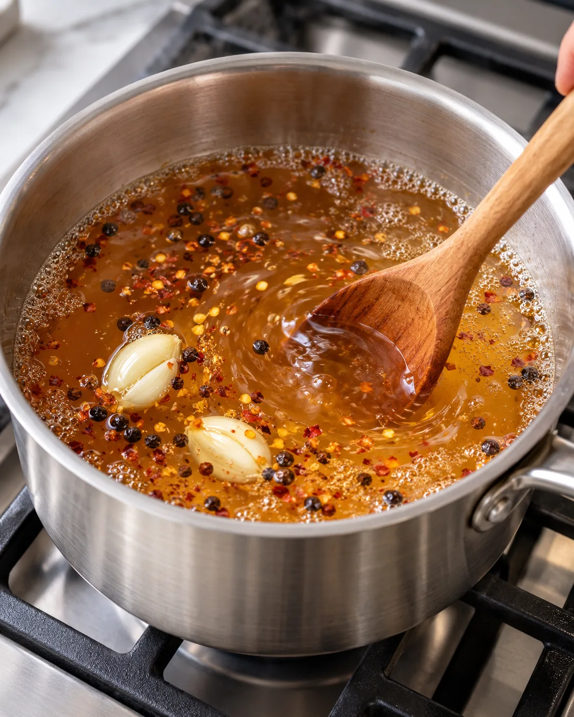 Apple cider vinegar and honey brine simmered with spices and garlic