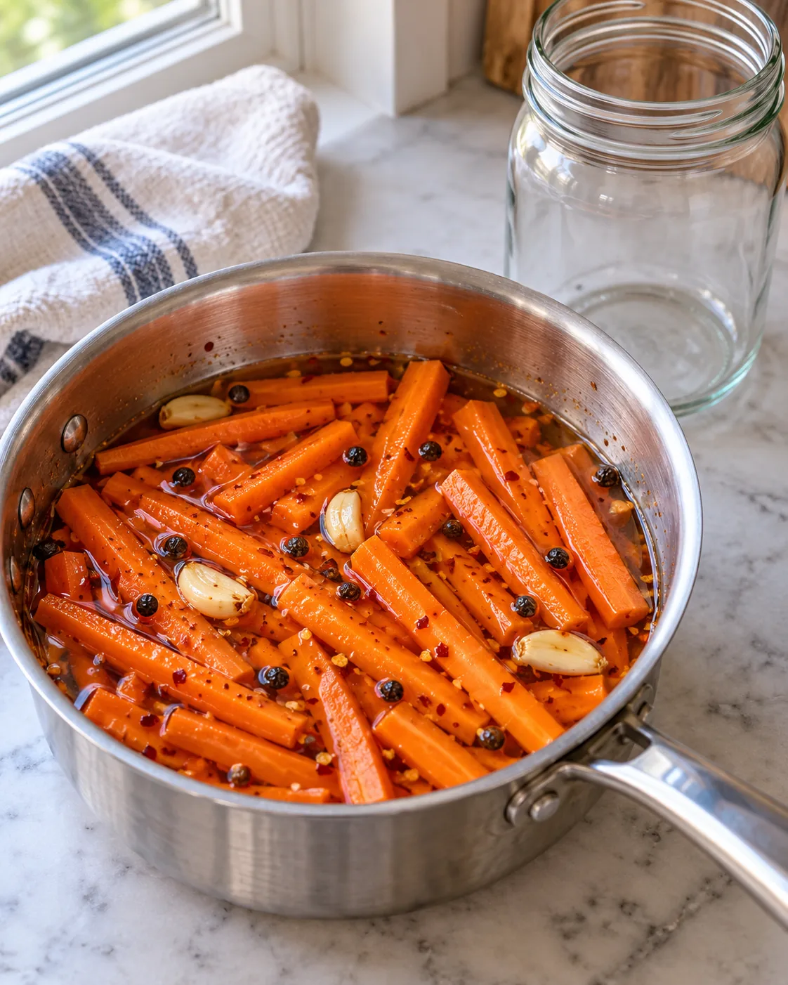 Carrot sticks cooling in hot honey pickling brine before jarring