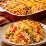 Cheesy fajita chicken casserole with rice and colorful bell peppers