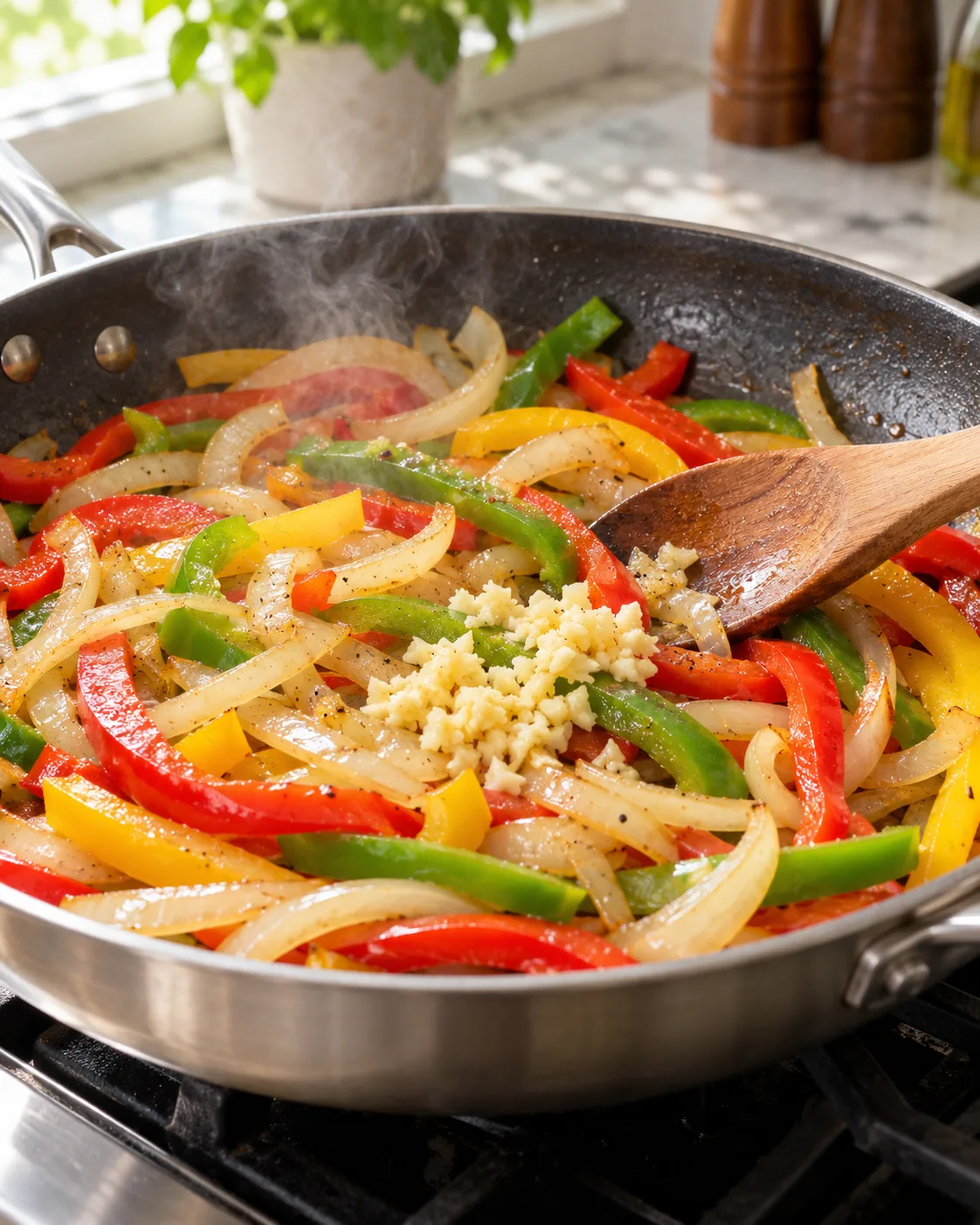 Red green and yellow bell peppers sautéed with onion and garlic