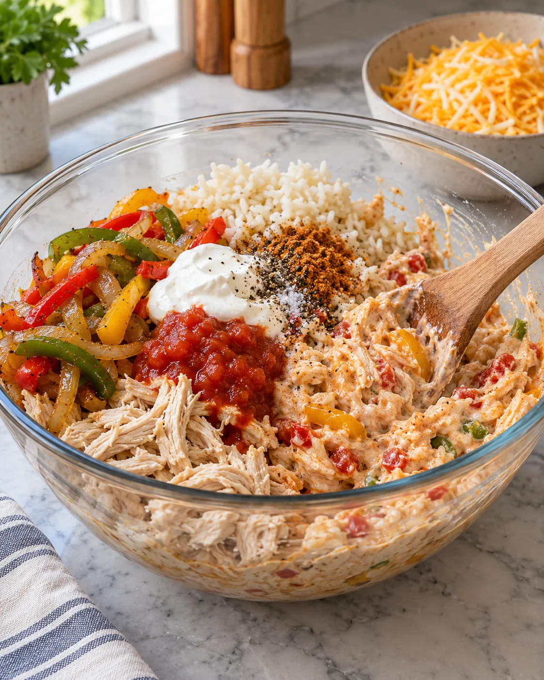 Chicken, rice, peppers, salsa, sour cream, and fajita seasoning mixed for casserole