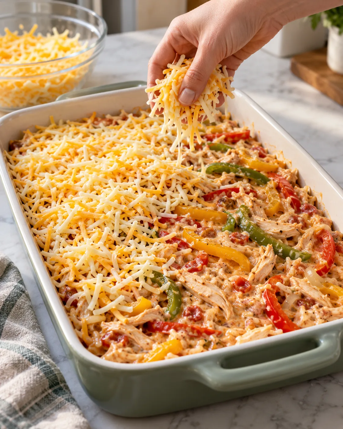 Mexican-blend cheese added to fajita chicken casserole before baking