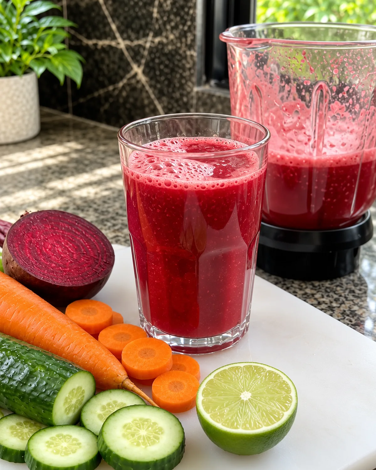 Fresh ruby-red beetroot vegetable juice with fine pulp and natural foam