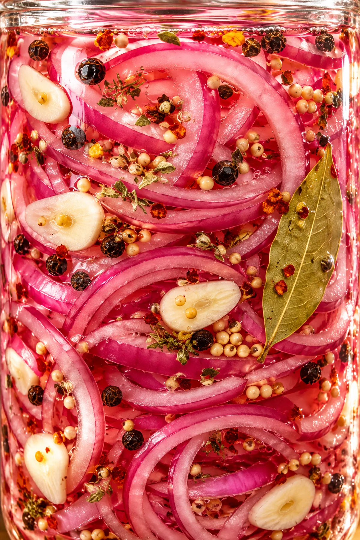 Close-up of crisp bright pink pickled onion rings with garlic and peppercorns